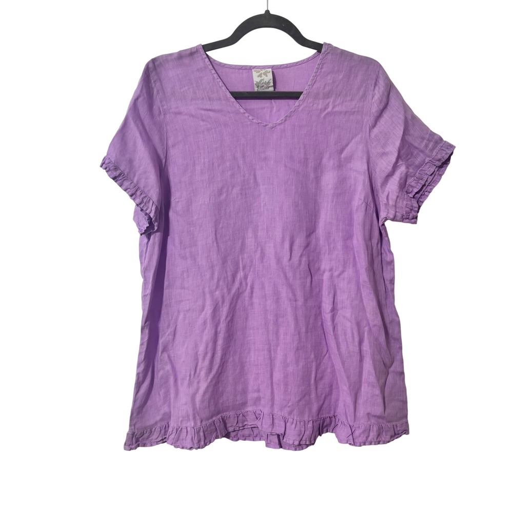 Match Point USA Lavender Purple 100% Linen Ruffle V-Neck Blouse Top Large
